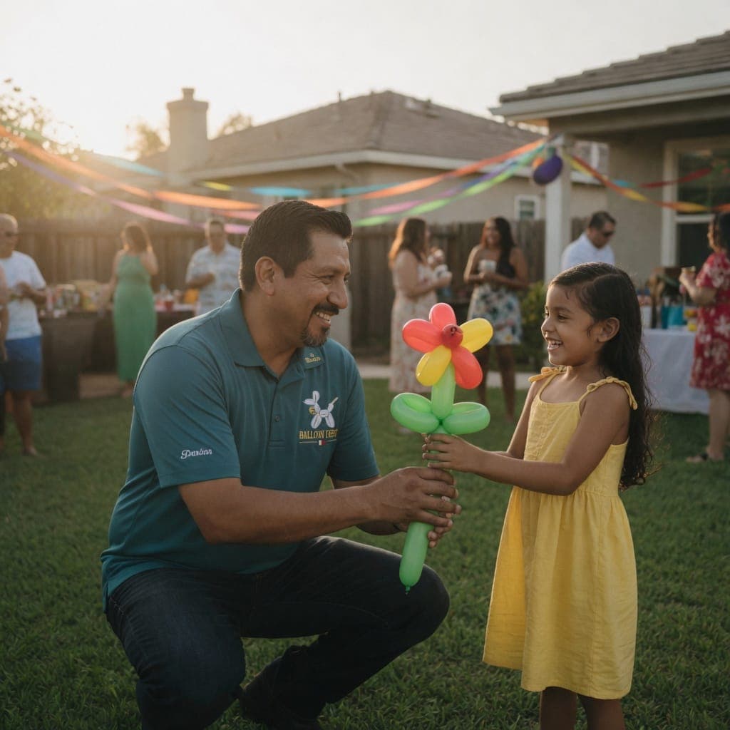A balloon artist kneels to hand a rainbow balloon flower to a delighted little girl in a yellow dress at golden hour