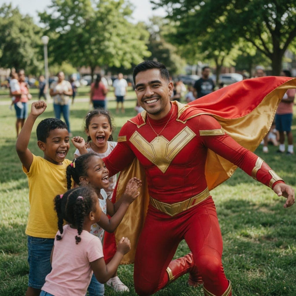 A superhero character entertainer cheers with a crowd of ecstatic kids at a sunny park birthday party