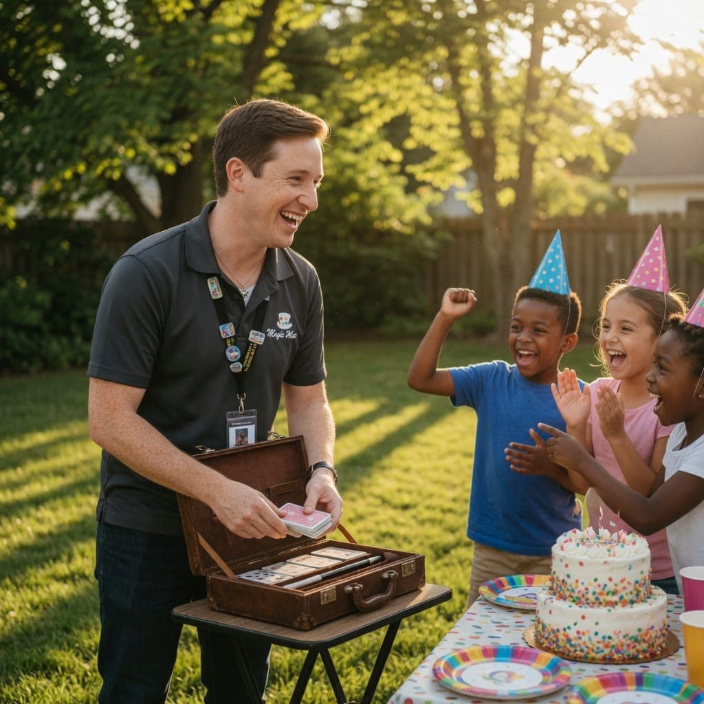 A magician opens his case of cards as three costumed kids cheer and clap beside a birthday cake at golden hour