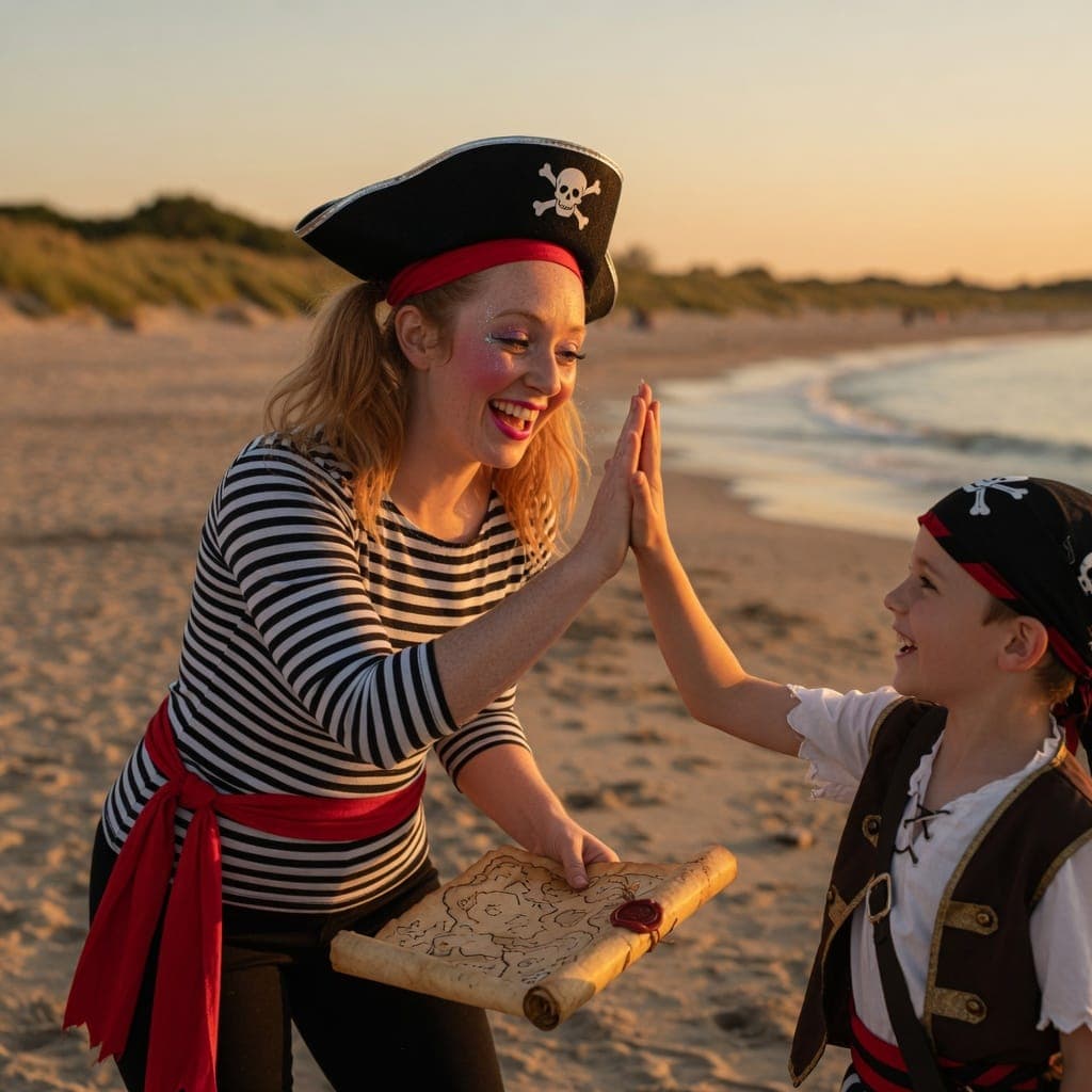 A pirate-costumed party entertainer high-fiving a delighted boy on a golden-hour beach