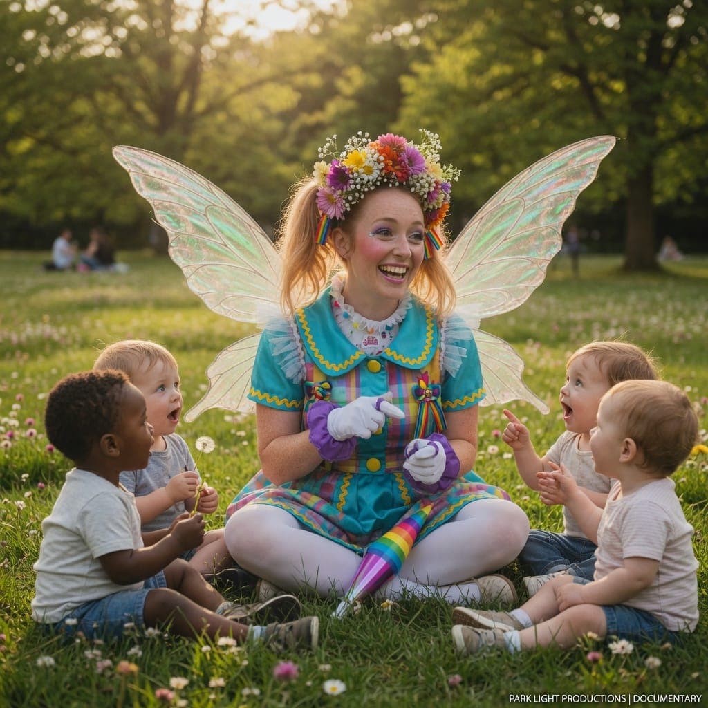 A flower-crowned fairy entertainer sits in a sunlit meadow surrounded by four laughing toddlers