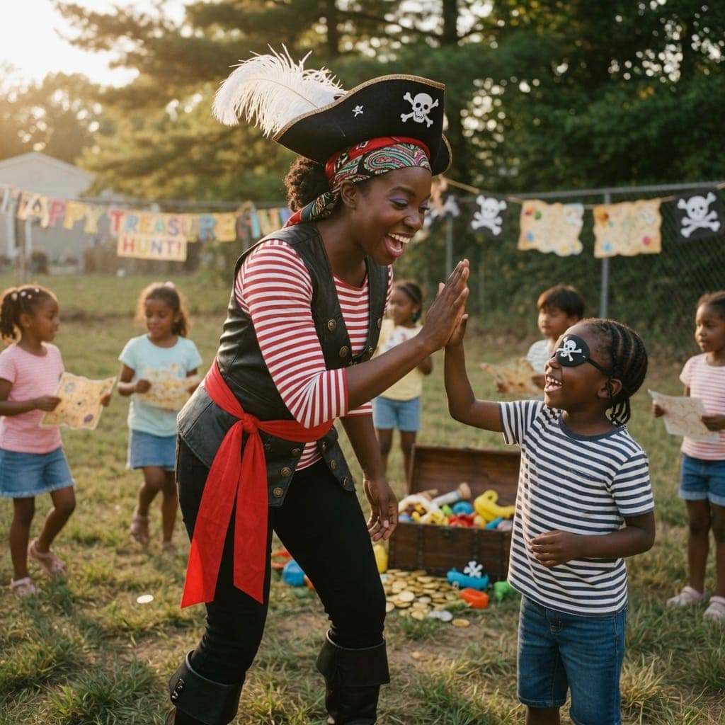 A grinning pirate-costumed entertainer high-fives a delighted boy at an outdoor treasure-hunt birthday party