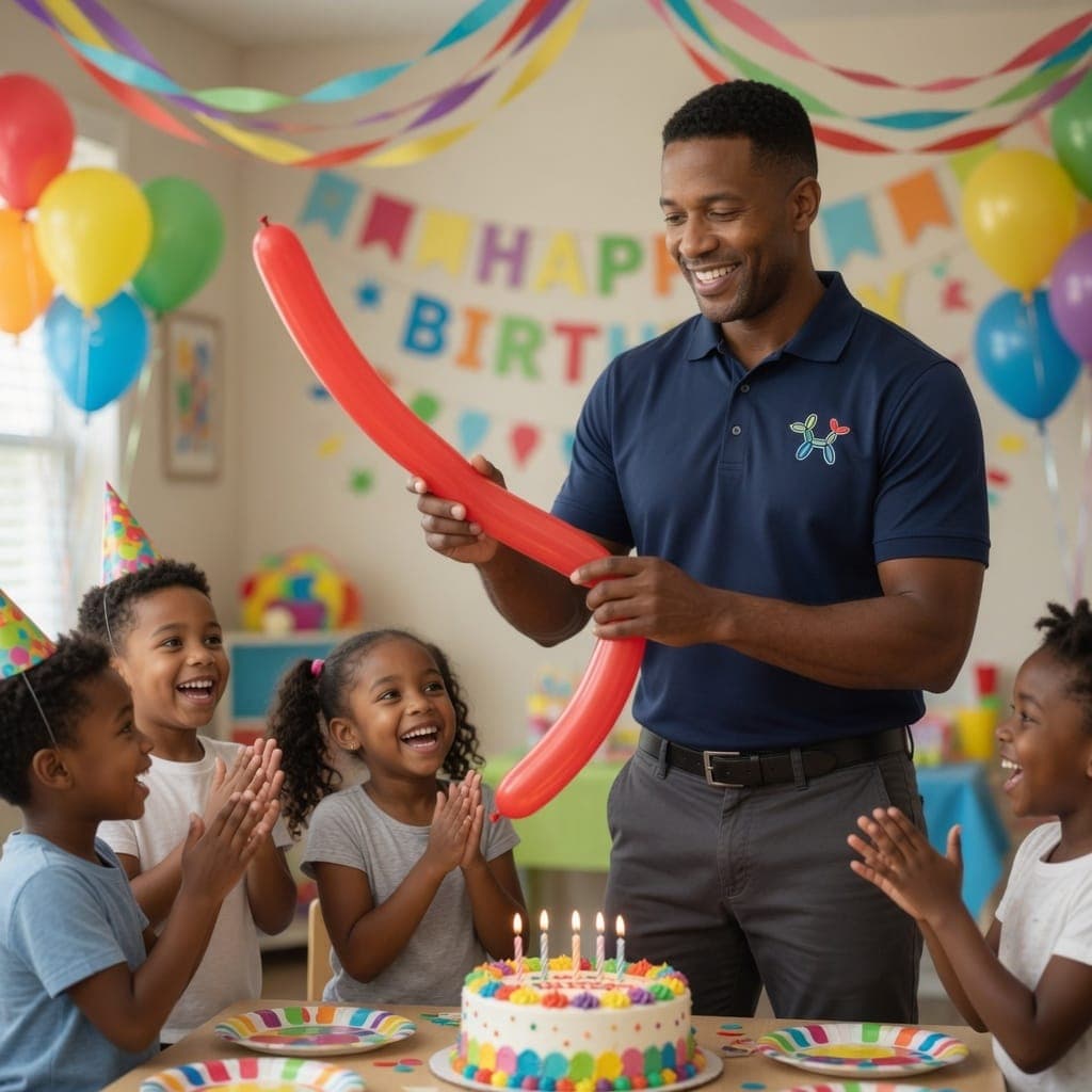 A balloon artist presents a giant red balloon sword as costumed kids clap and cheer around a birthday cake with lit candles