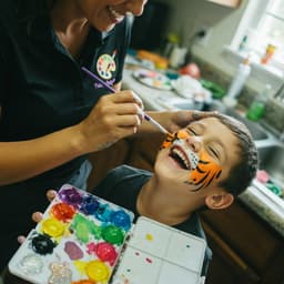 A face painter finishing a grinning tiger design on a delighted boy at a birthday party