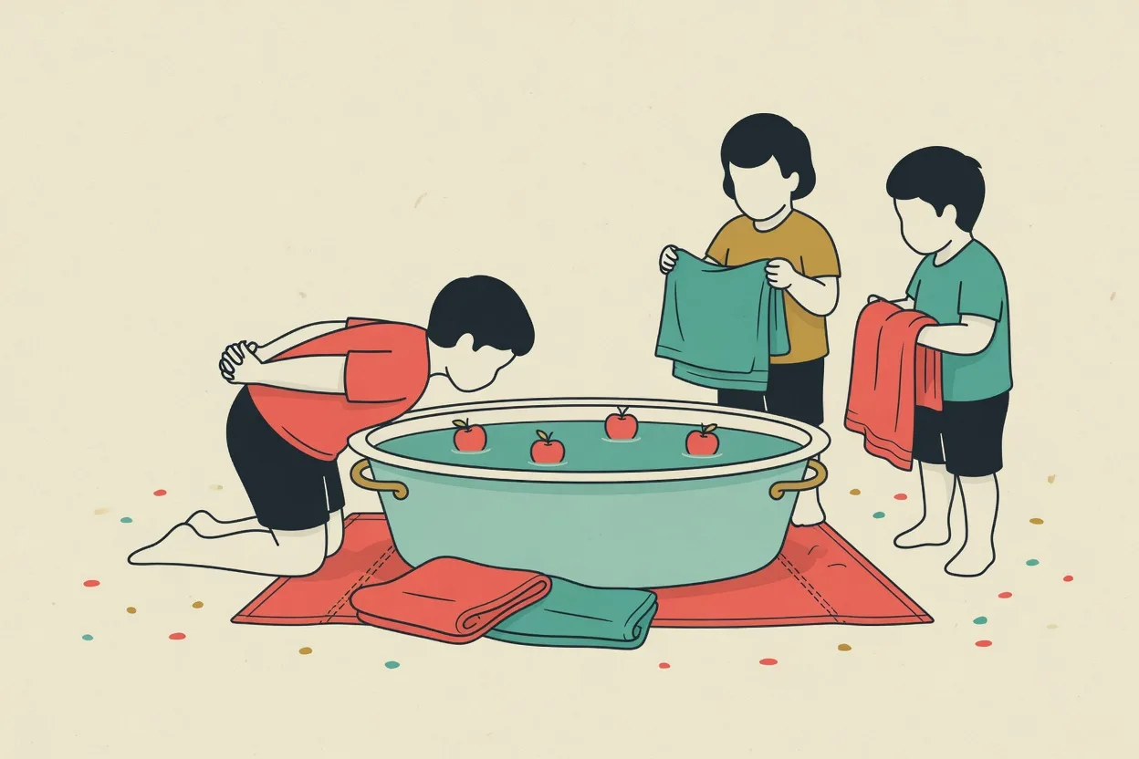 Illustration of a child leaning over a tub of water with floating apples, hands held behind their back, two others waiting with towels