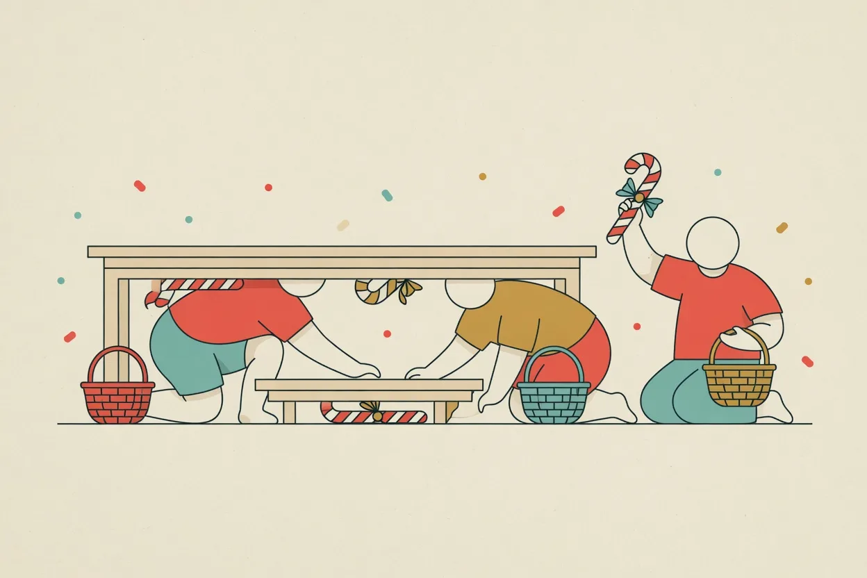 Illustration of three children hunting for wrapped candy canes under a table, baskets beside them and one cane held up