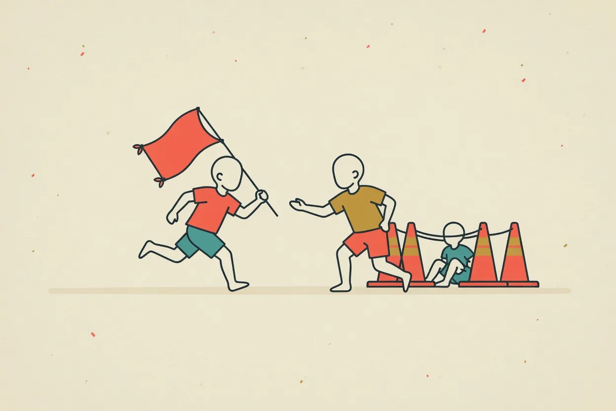 Illustration of a child running with a flag on a stick while another reaches to tag them, cones marking the boundary