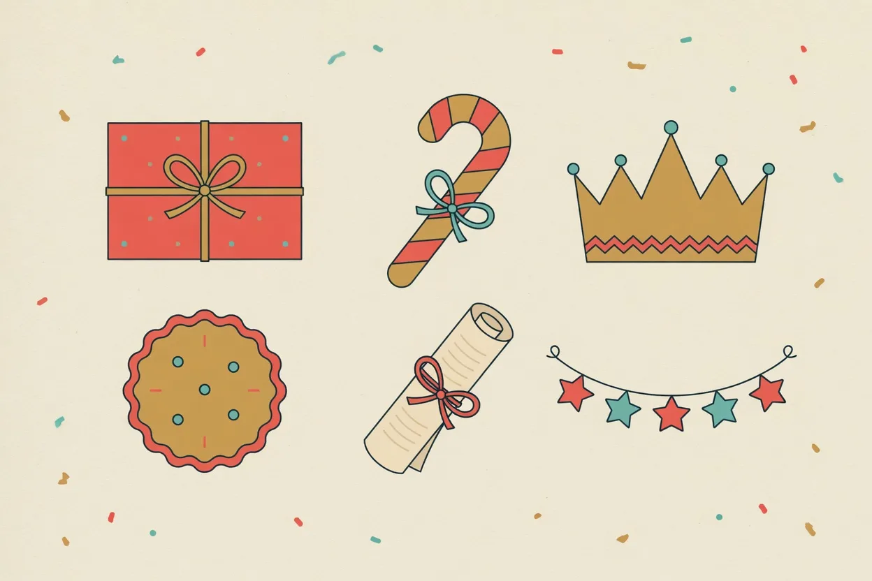Illustration of Christmas party game kit laid out in a grid: a wrapped gift, a candy cane, a paper crown, a biscuit, a rolled scroll and a string of paper stars
