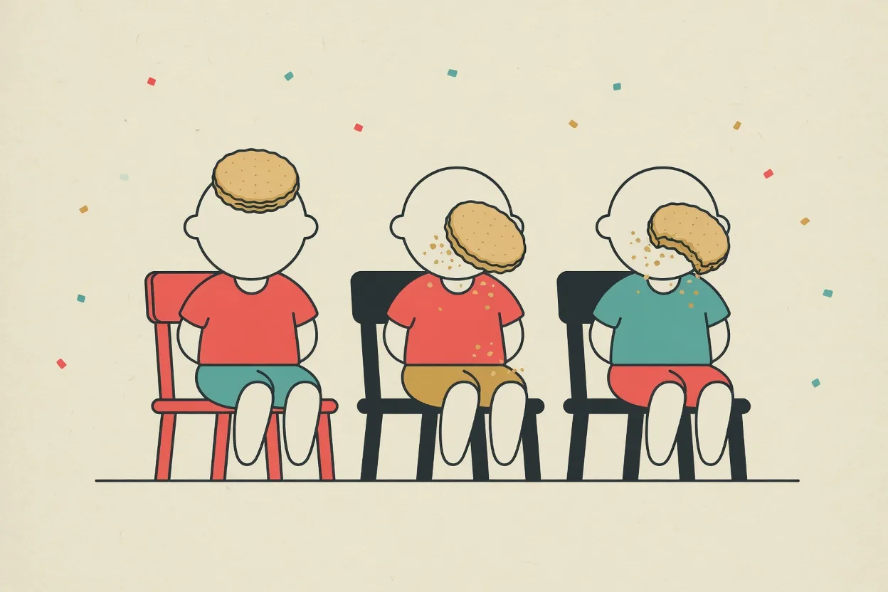Illustration of three children sitting on chairs with biscuits balanced on their faces, crumbs scattered on their laps
