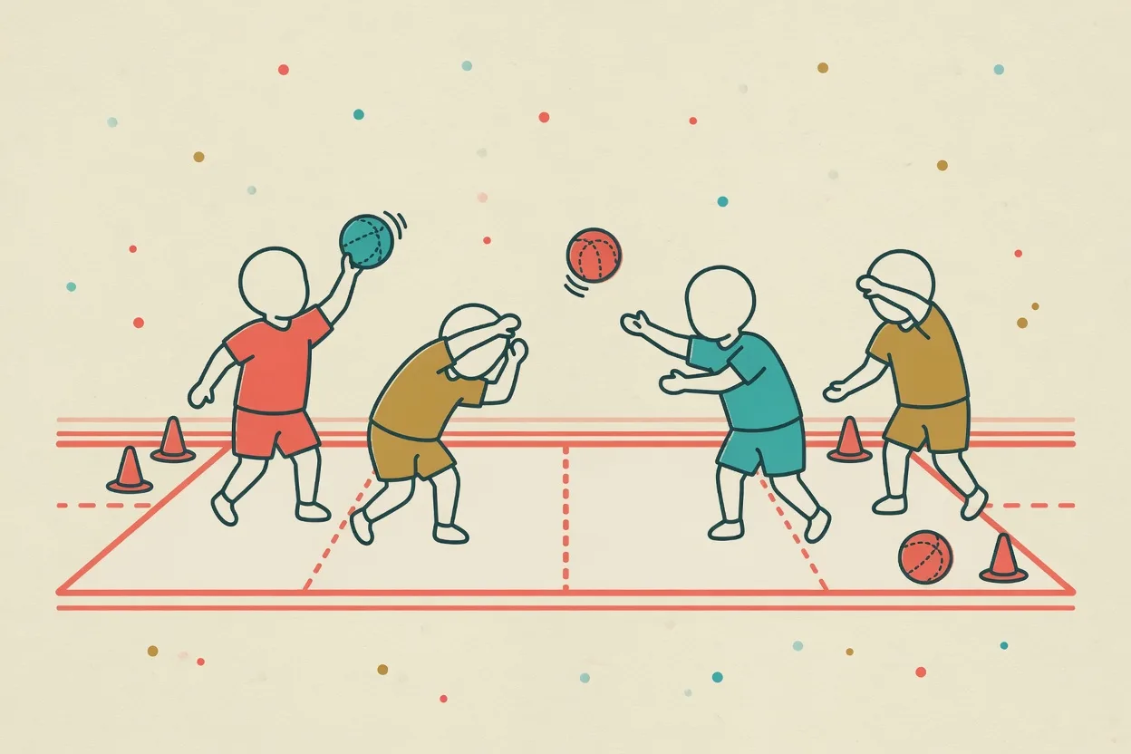 Illustration of four children on a marked court split by a centre line, throwing and ducking soft foam balls