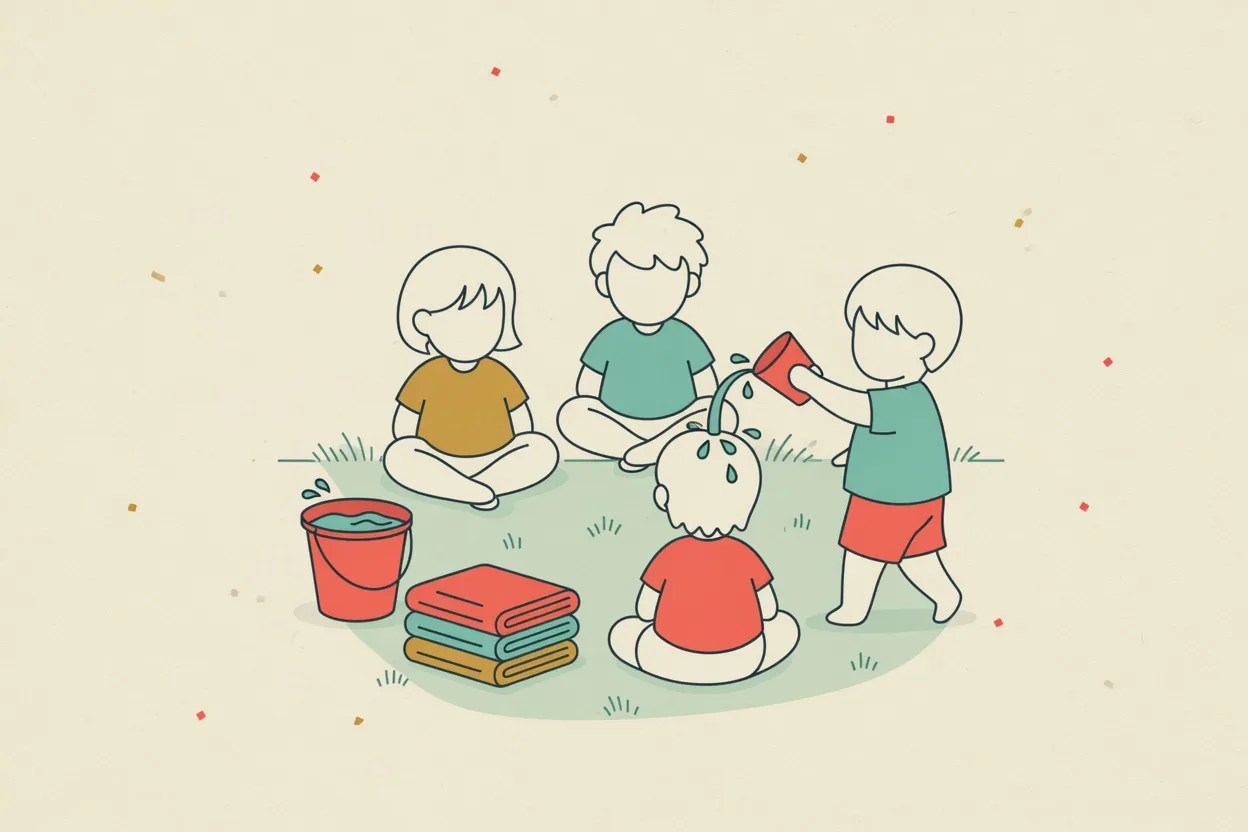 Illustration of children sitting in a circle on the grass while one walks around the outside tipping a cup of water over a seated child's head, a bucket and folded towels beside them