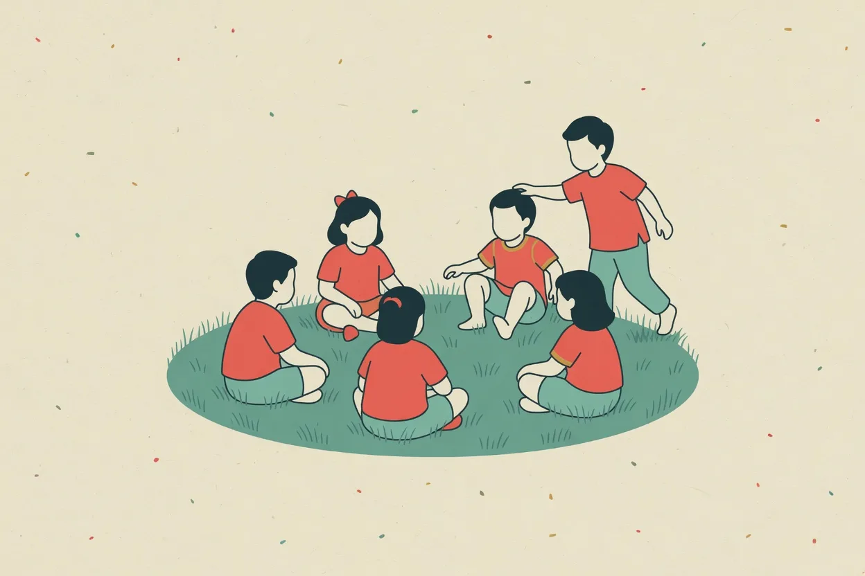 Illustration of children sitting in a circle on the grass while one walks around the outside tapping heads