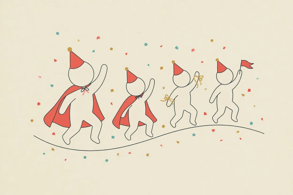 Illustration of four children walking in single file along a curving path, each copying the leader at the front with one arm raised