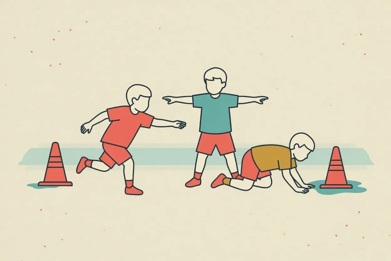 Illustration of one child reaching to tag another who stands frozen with arms out, while a third crawls under to unfreeze them