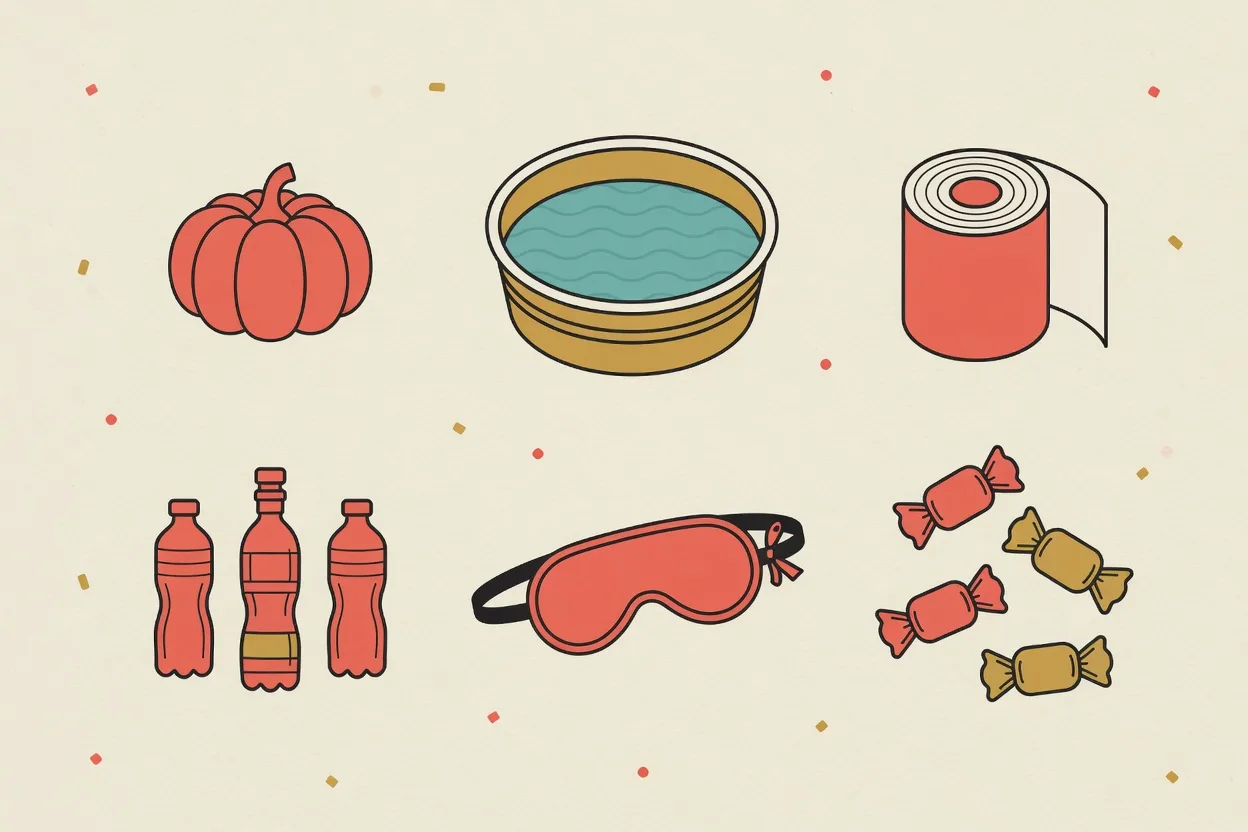 Illustration of Halloween party game kit laid out in a grid: a pumpkin, a tub of water, a toilet roll, plastic bottles, a blindfold and wrapped sweets