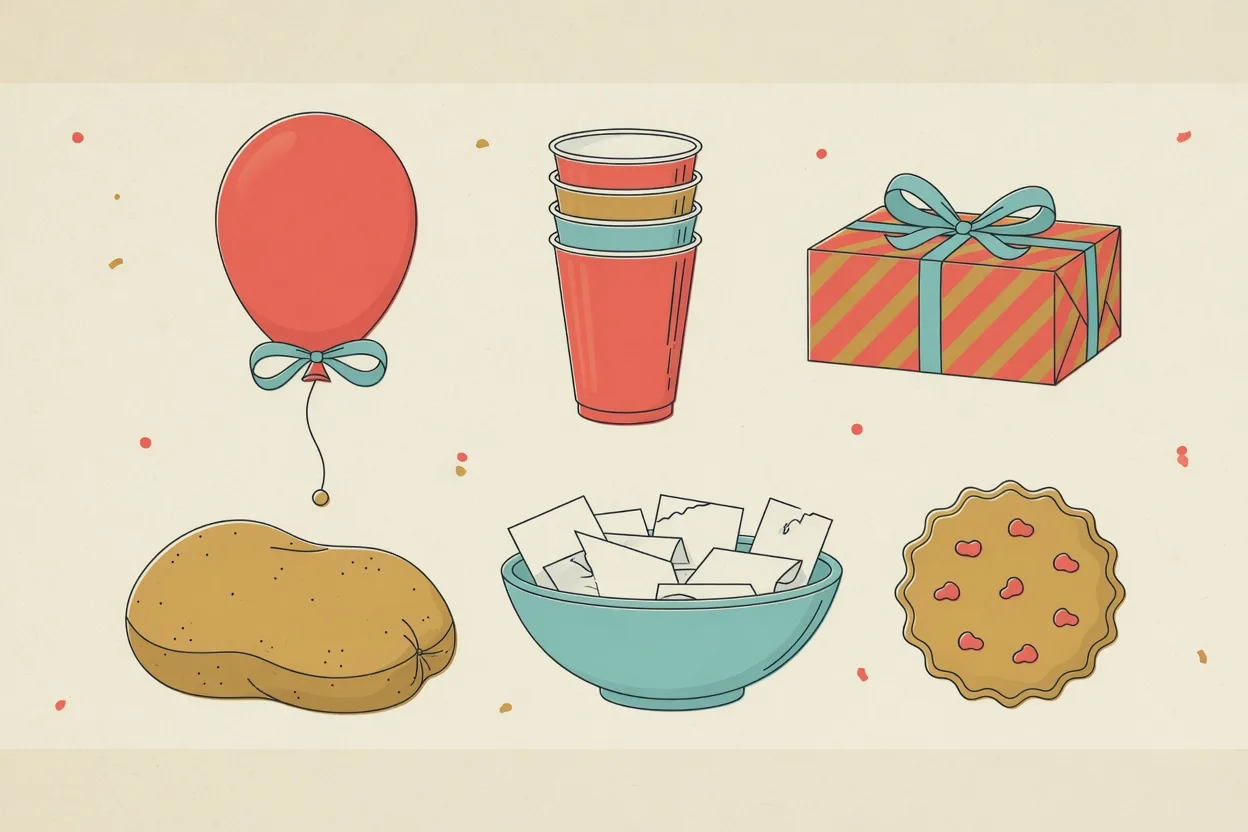 Illustration of indoor party game kit laid out in a grid: a balloon, stacked cups, a wrapped parcel, a potato, a bowl of paper slips and a biscuit