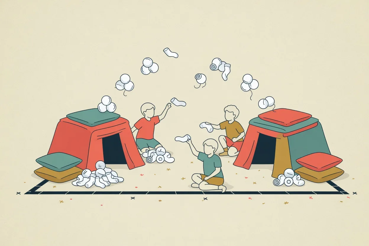 Illustration of two cushion forts facing each other while three children throw soft white sock snowballs, piles of spares beside them