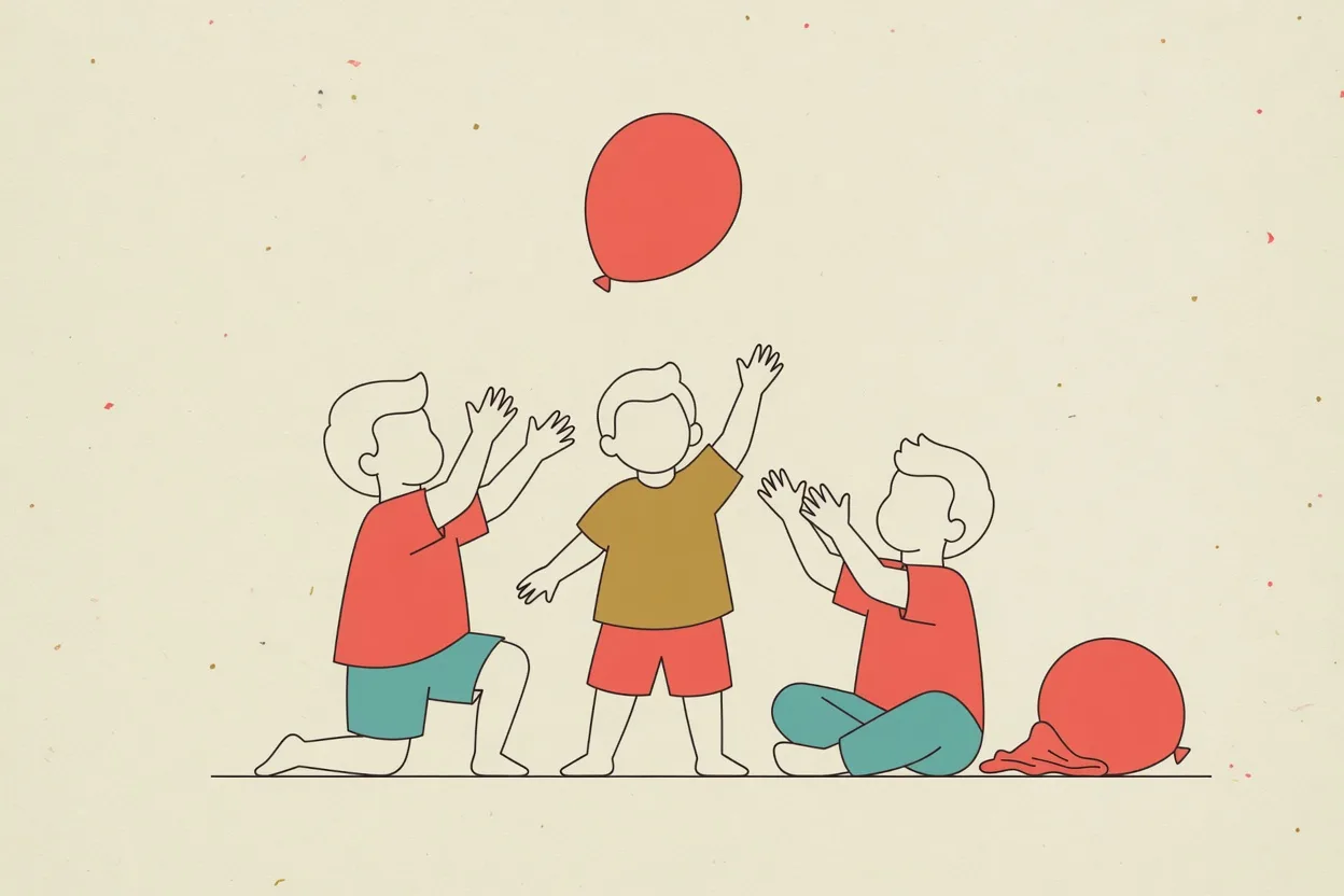 Illustration of three children batting a single balloon upward with open palms, a spare balloon resting on the floor