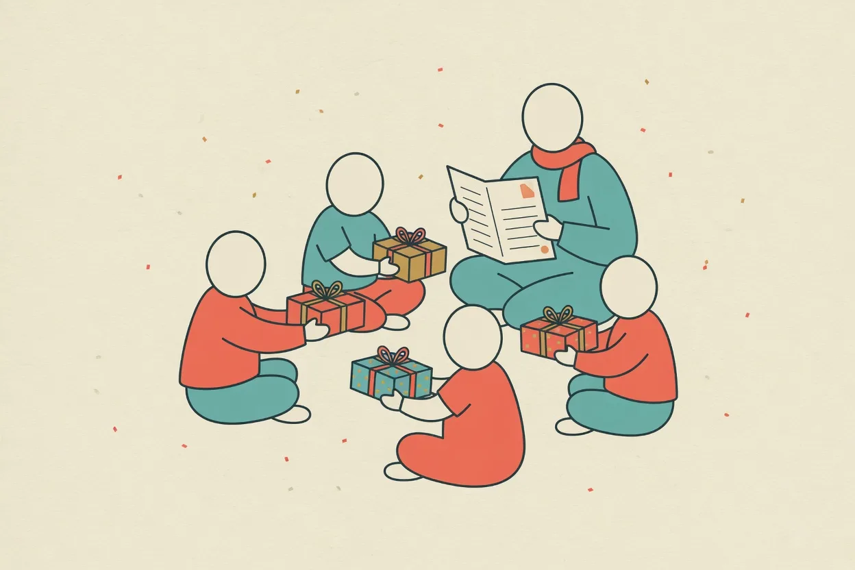 Illustration of children sitting in a circle passing wrapped gifts while an adult reads aloud from a sheet of paper