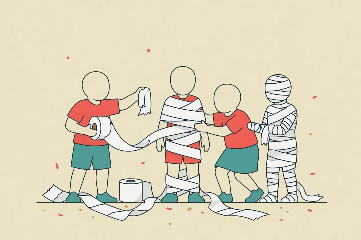 Illustration of two children wrapping a standing teammate in toilet paper while an already-wrapped child stands beside them
