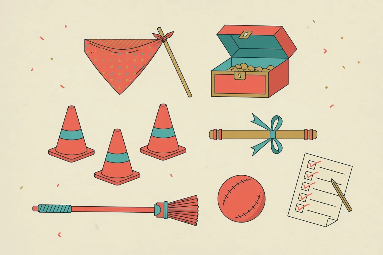 Illustration of party kit for older children laid out in a grid: a bandana flag, an open treasure chest, traffic cones, a rolled scroll, a ball and a ticked checklist