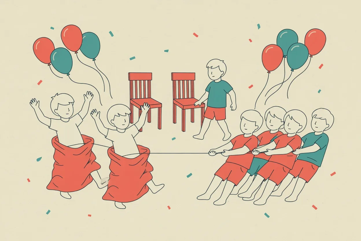 Illustration of a party in progress: two children hopping in sacks, four leaning back on a tug-of-war rope, a child walking past two chairs, and balloons overhead
