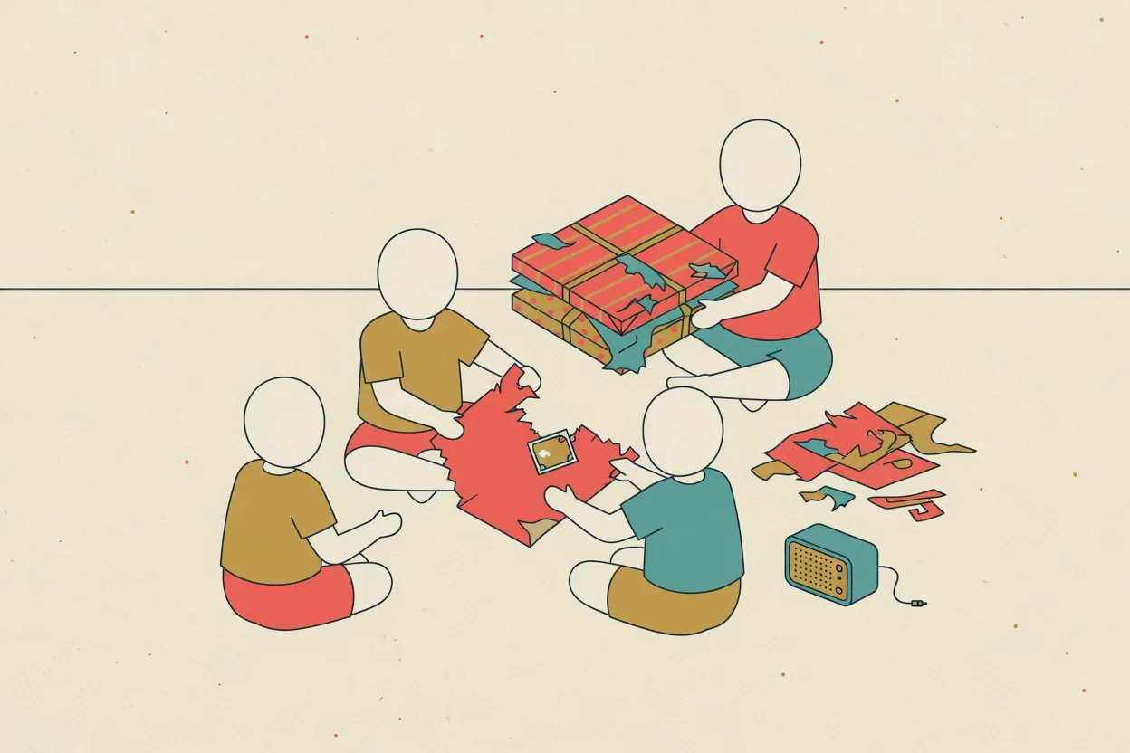 Illustration of four children sitting in a circle as one tears a layer of wrapping from a parcel, torn paper and a speaker beside them