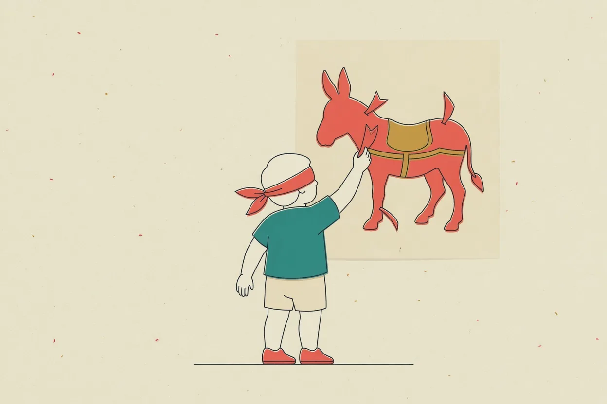 Illustration of a blindfolded child reaching up to press a paper tail onto a donkey poster pinned to the wall