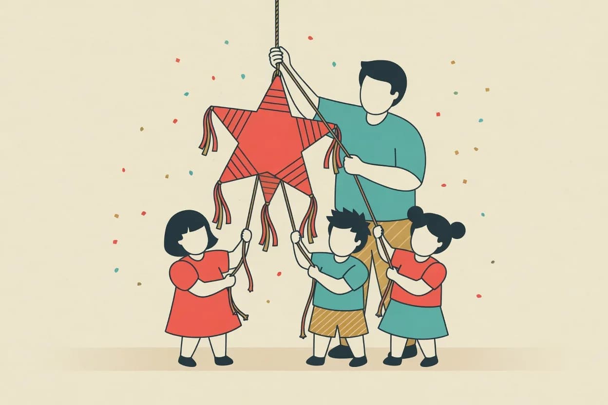 Illustration of a hanging piñata with ribbons trailing from its base, three children each pulling one while an adult steadies the rope