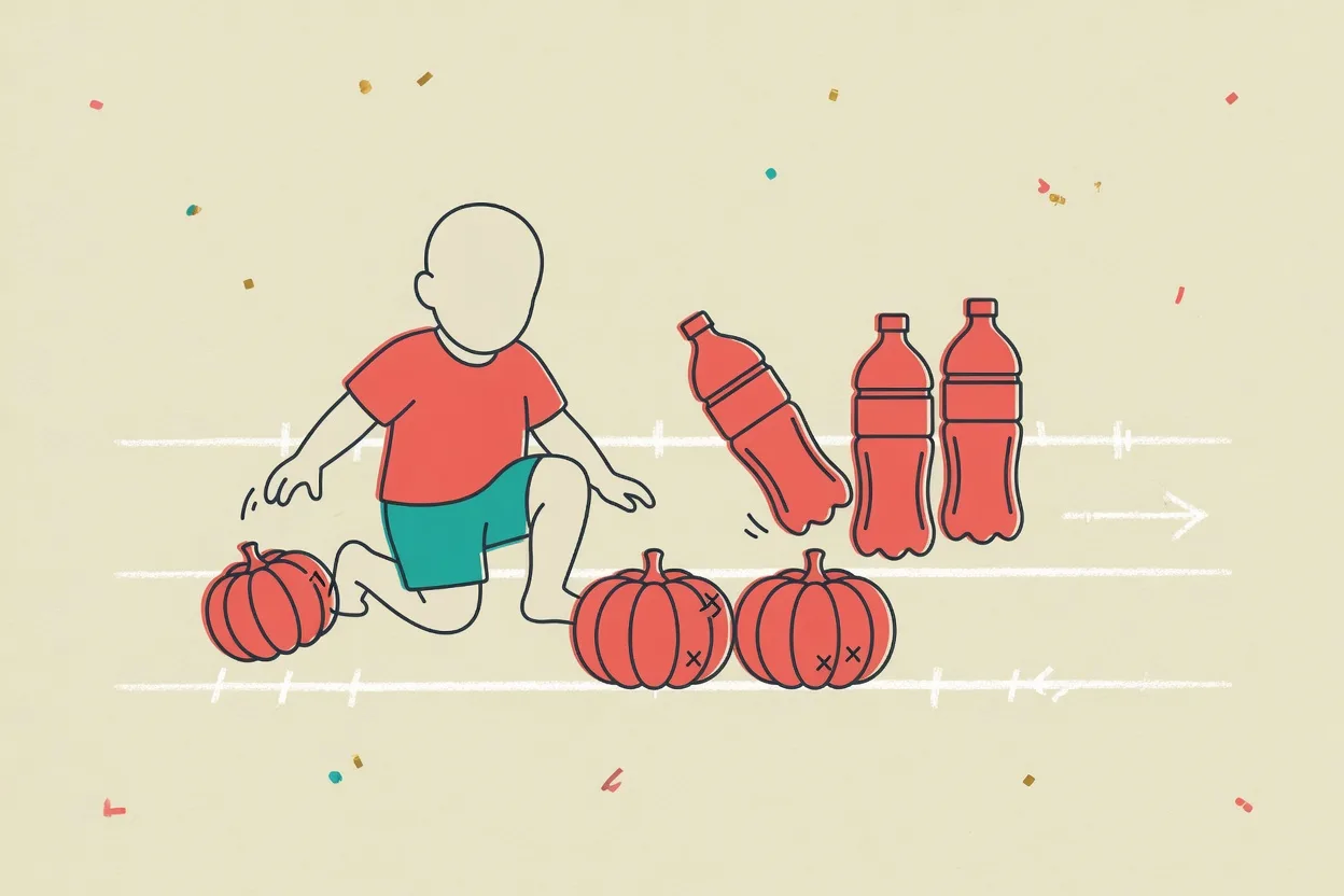 Illustration of a child rolling a small pumpkin down a marked lane toward a row of plastic bottle pins