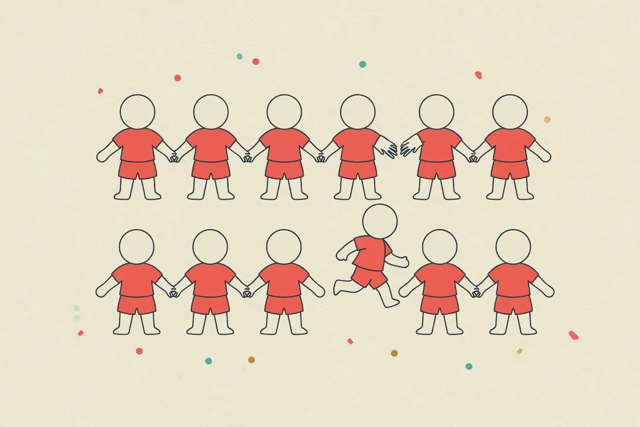 Illustration of two rows of children holding hands in a loose grip while one child runs toward a gap opening in the far row
