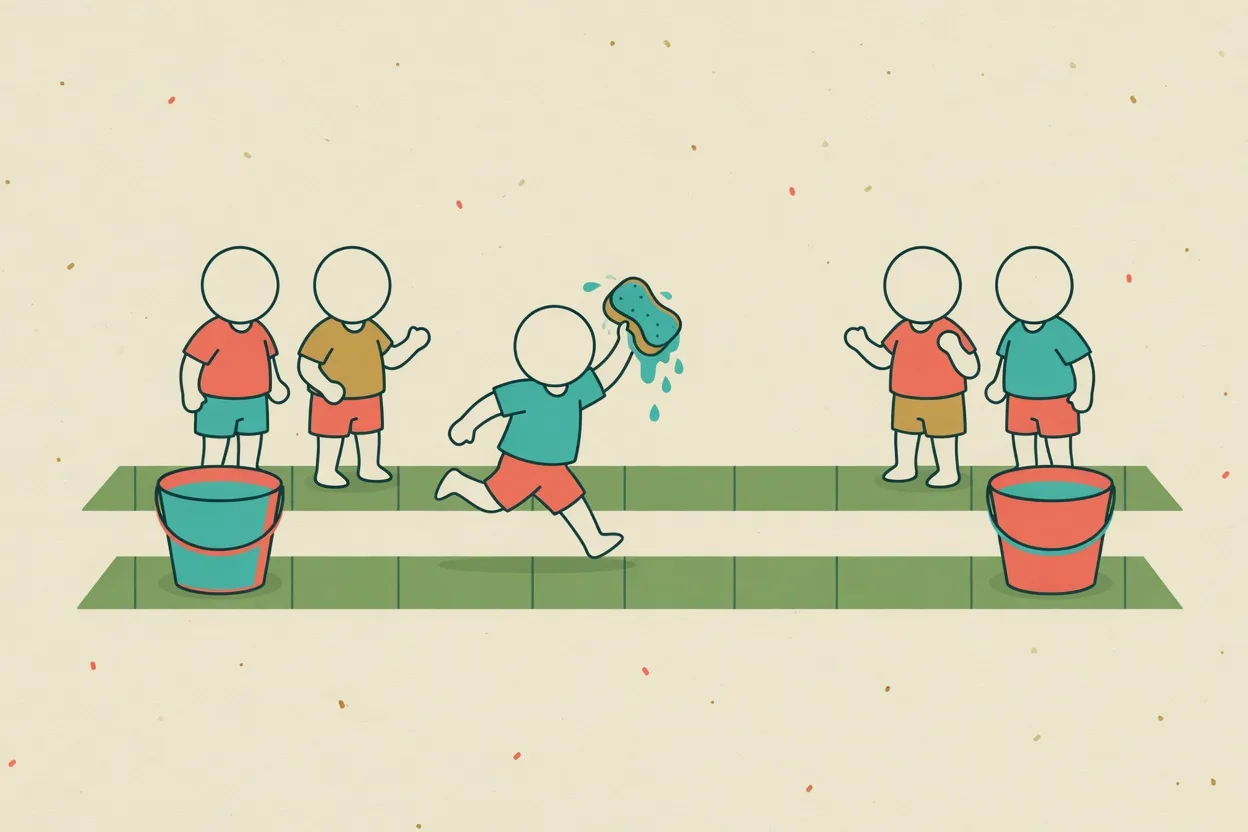 Illustration of a child running down a marked grass lane holding a dripping sponge, buckets at each end and teammates waiting