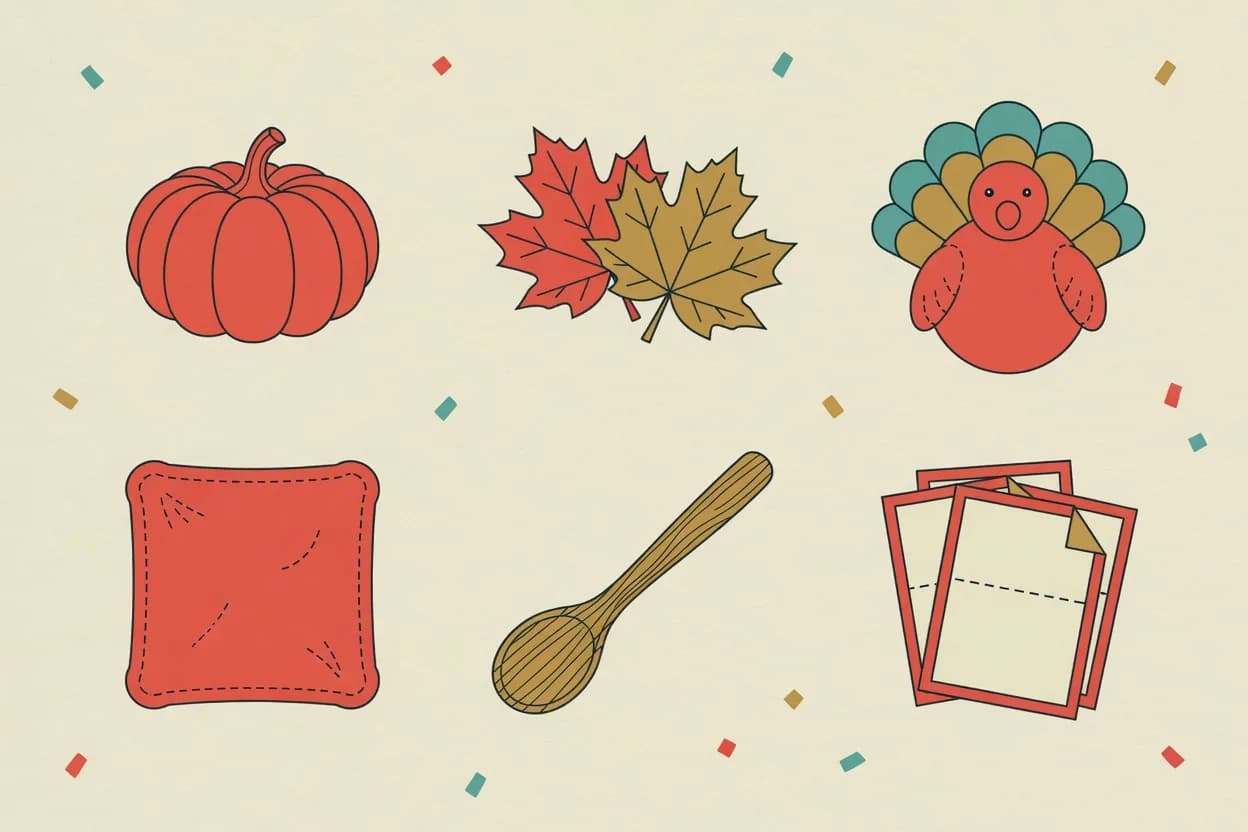 Illustration of thanksgiving party kit laid out in a grid: a pumpkin, autumn leaves, a toy turkey, a bean bag, a wooden spoon and folded prompt cards