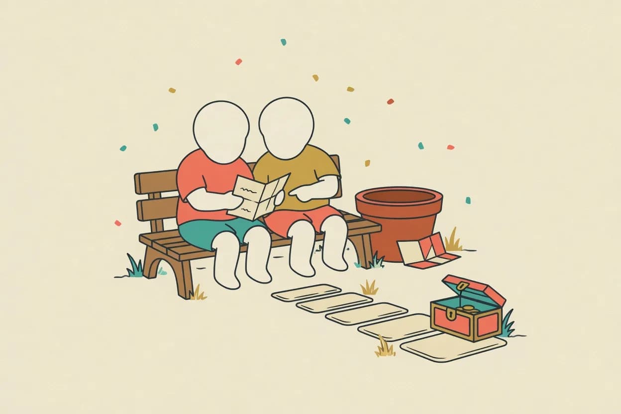 Illustration of two children on a bench reading a paper clue, a path of stepping stones leading to an open treasure chest
