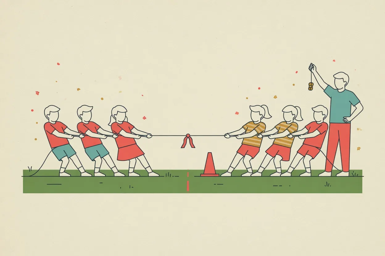 Illustration of two teams of children leaning back on a rope with heels dug in and open-palm grips, a marker ribbon at the rope's centre and a referee to one side
