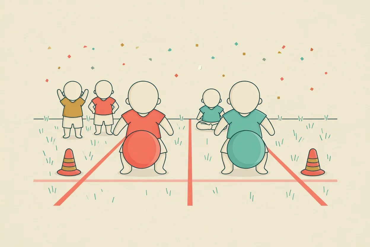 Illustration of two children waddling down marked lanes with balloons squeezed between their knees, cones at the far end and teammates waiting behind the line