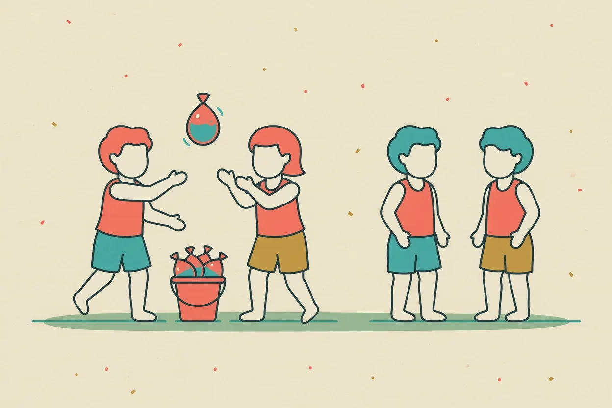 Illustration of two children standing a few steps apart tossing a water balloon between them, a bucket of spares on the grass