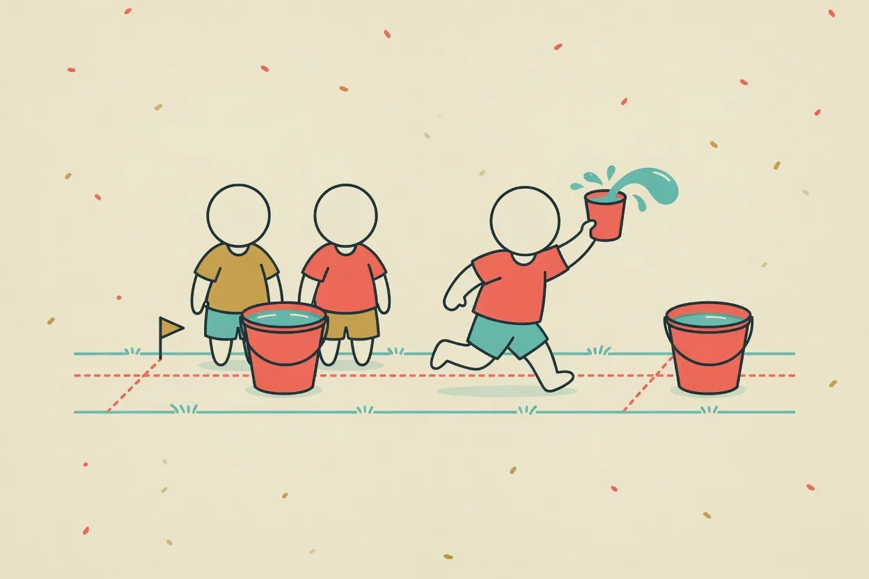 Illustration of a child running down a marked lane holding a cup of water overhead with water spilling out, a full bucket behind them and another bucket waiting at the finish