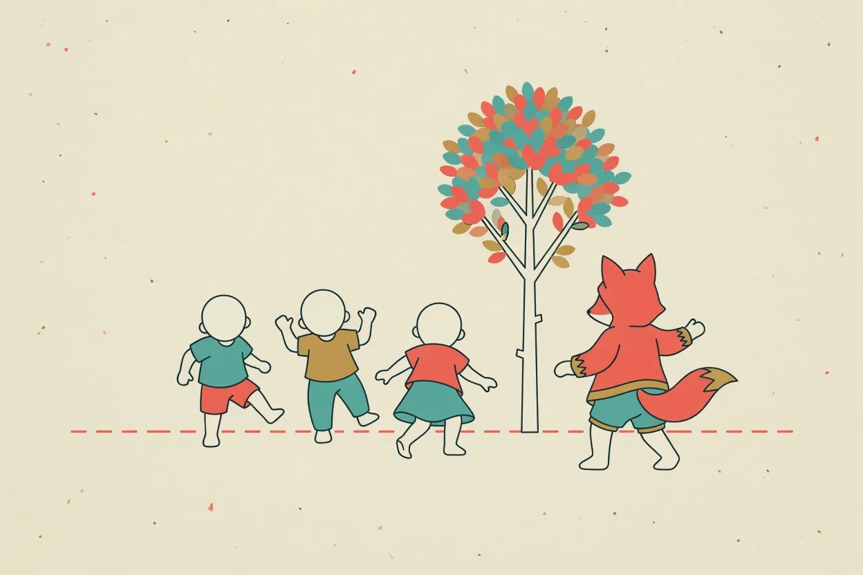 Illustration of a child in a fox costume standing by a tree while three others creep forward from a marked line behind them