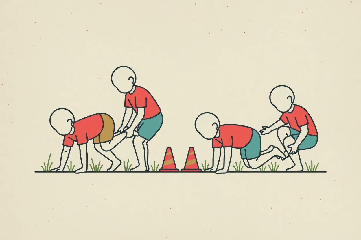 Illustration of two pairs of children racing wheelbarrow-style, one walking on their hands while their partner holds their ankles