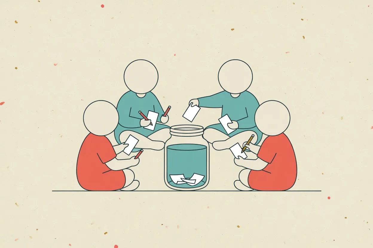 Illustration of four children sitting in a circle writing on blank slips of paper, one leaning forward to drop a folded slip into a jar in the middle