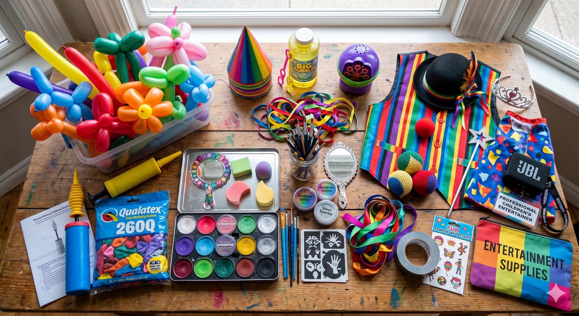 A spread of kids-party entertainer supplies — balloons, face paint, bubbles and a costume