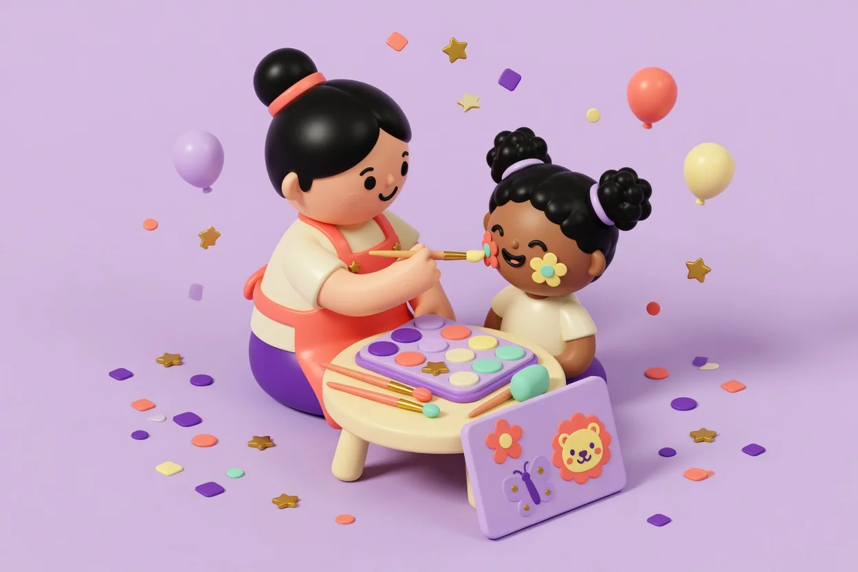 Illustration of a grown-up face painter in a coral apron painting a flower on a smiling child's cheek at a small table holding a palette of round paint wells, brushes and a sponge, with a practice board showing a flower, a butterfly and a lion face.