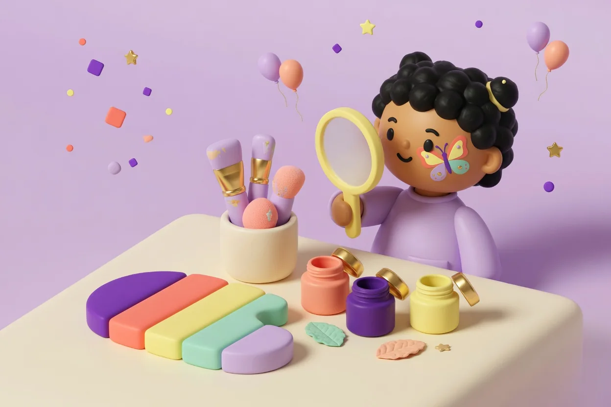 Illustration of a face-painting kit on a cream table, with a rainbow split-cake paint bar, open jars of coral, purple and yellow paint, leaves, and a cup of brushes and sponges, while a child with a butterfly painted on their cheek holds up a hand mirror.