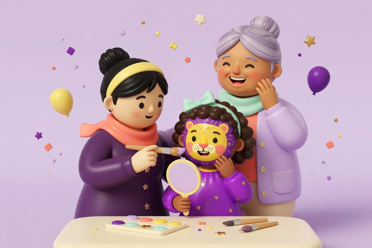 Illustration of a mom holding a paintbrush beside her daughter, who has a bold yellow-and-purple lion face painted on and holds a hand mirror, while a laughing grandmother stands behind them and a paint palette sits on the table.
