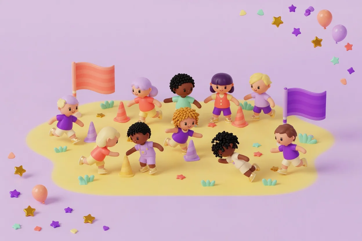 Illustration of a big group of children running and dodging between soft cones on a yellow play field in a game of capture the flag, with a blank coral flag at one end and a blank purple flag at the other.