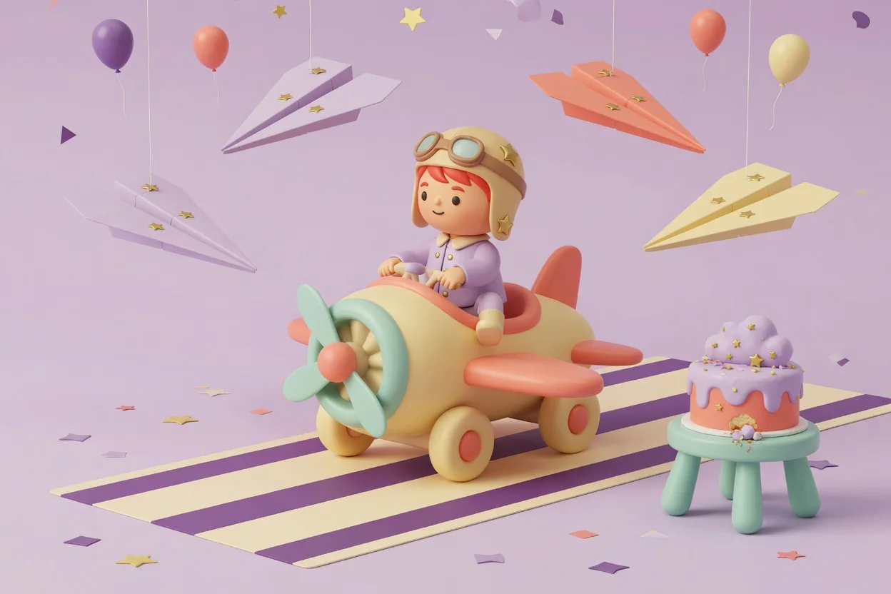 Illustration of a red-haired toddler in an aviator cap and goggles riding a cream-and-coral toy propeller airplane along a purple-and-cream striped runway mat, with paper airplanes hanging overhead and a lilac cloud-topped cake on a mint stool.