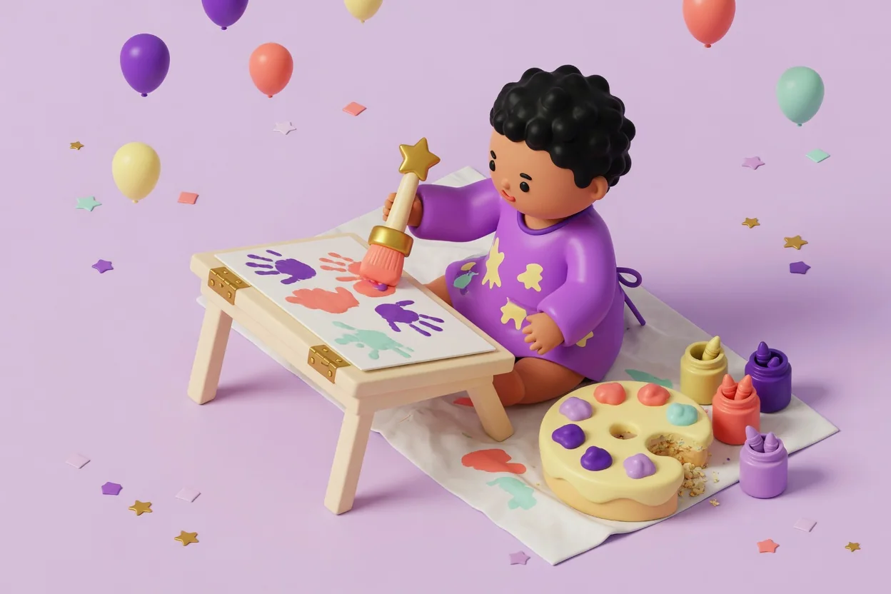 Illustration of a curly-haired toddler in a purple paint smock dabbing a brush on a low easel covered in colorful handprints, sitting on a drop cloth beside crayon jars and a palette-shaped cake with dots of frosting.