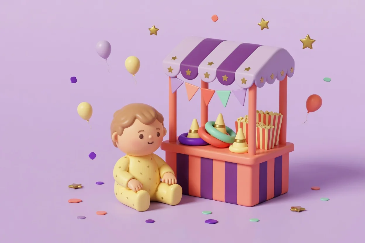 Illustration of a toddler in a yellow star-print onesie sitting beside a small striped carnival booth with a scalloped awning, pennant flags, a ring-toss game with soft rings on cone pegs and striped popcorn boxes.