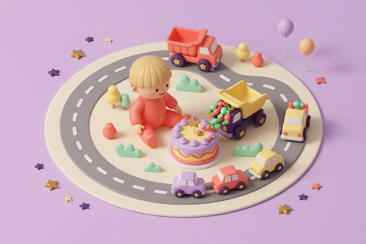 Illustration of a blond toddler sitting on a round play mat with a looping gray toy road, surrounded by toy dump trucks and little cars, as a yellow dump truck tips candy onto a lilac birthday cake.